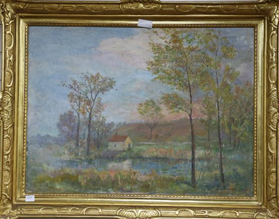 E. Souve, oil on canvas, French landscape cottage beside a lake and woodland, signed and dated 1911 59 x 80cm
